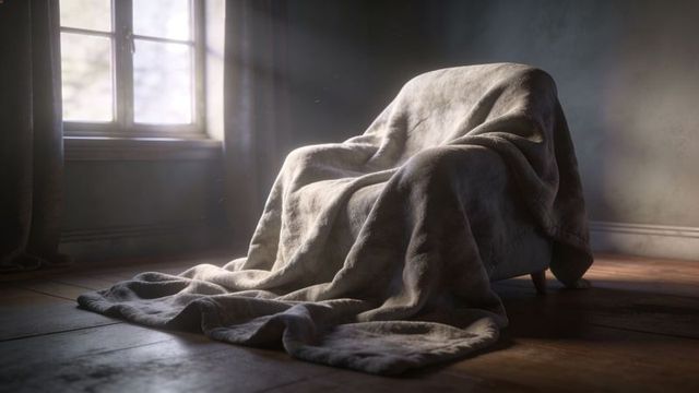 Sunlight streaming on draped armchair with textured blanket and floating dust motes
