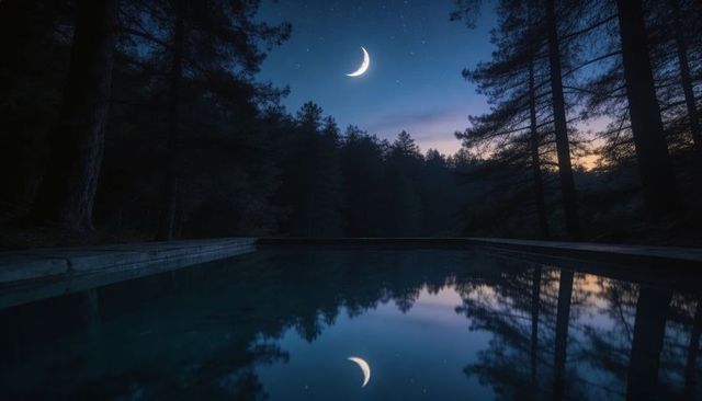 Crescent moon reflecting in still forest pool at twilight with pine silhouettes and stars