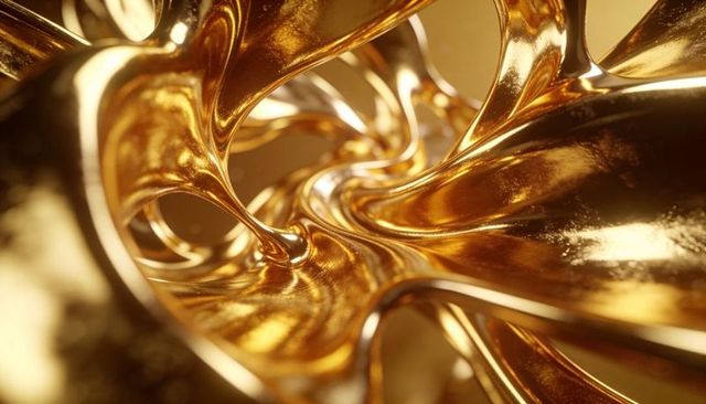 Liquid gold sculpture twisting metallic ribbons reflecting warm specular highlights