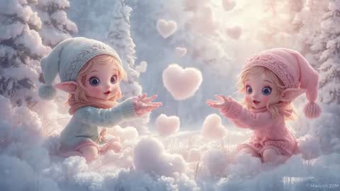 Reaching elves playing with glowing heart-shaped snow puffs in winter forest glade