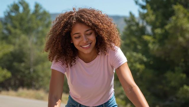 Joyful woman riding bicycle on scenic forest trail