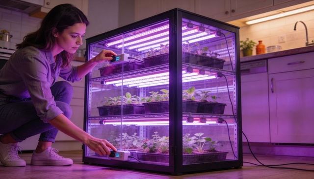 Kneeling woman checking led grow cabinet seedlings with moisture meters in kitchen