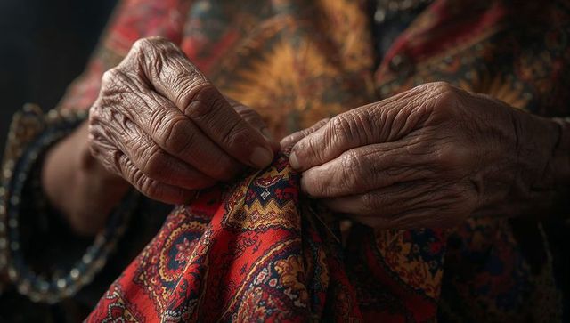 Elderly hand stitching traditional fabric with precision