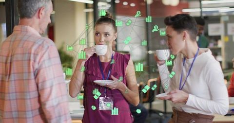 Business networking over coffee in coworking space with digital data visualization overlays