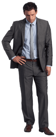 Transparent Businessman in Grey Suit Standing with Thoughtful Expression