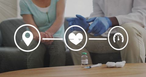 Doctor Consulting Patient About COVID-19 Vaccination with Overlay Icons