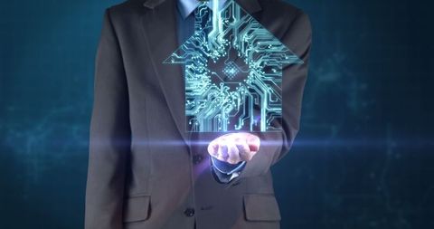 Businessman Holding Holographic Smart Home Projection