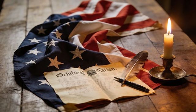 Candlelit patriotic still life with draped american flag, quill, fountain pen, parchment