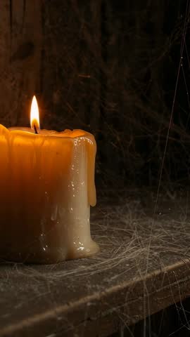 Burning Wax Candle Melting on Dusty Wooden Shelf Casting Warm Glow Through Cobwebs