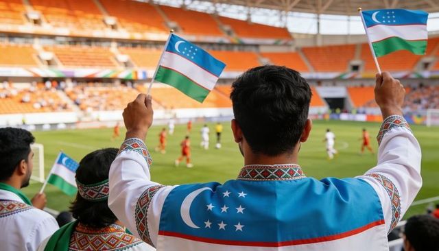 Uzbekistan football fans waving national flags wearing embroidered shirts in stadium
