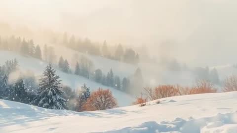 Golden Morning Snowfall Over Misty Pine Hillside, Slow Winter Landscape Motion