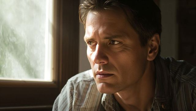 Introspective middle-aged man gazing out window at home, warm natural light portrait