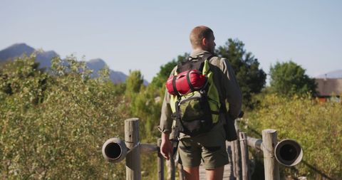 Hiker with Backpack Walking on Wooden Bridge in Mountainous Landscape - Download Free Stock Images Pikwizard.com
