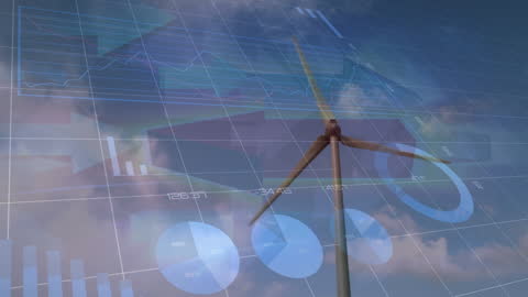 Wind Turbine Surrounded by Business Analytics and Data Visualizations