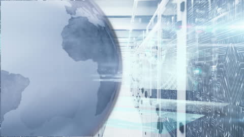 Futuristic Digital Interface with Globe and Server Room