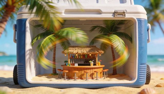 Miniature tiki bar in wheeled cooler on sunny beach with palm trees and tropical drinks