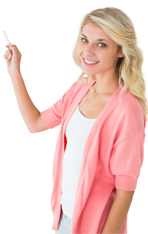 Smiling Caucasian Woman Holding Chalk Transparent Background
