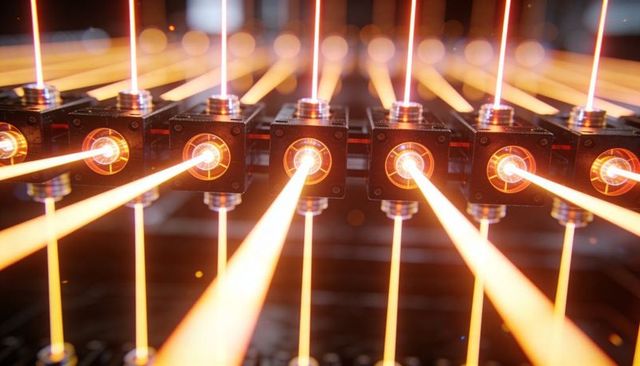 High-precision laser emitter array emitting orange photonics beams on lab bench