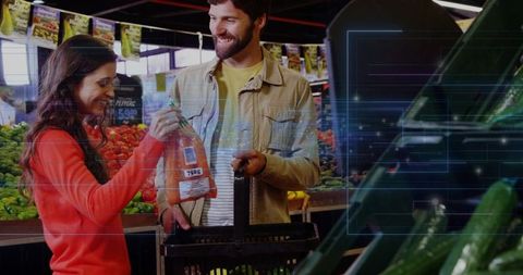 Couple shopping fresh produce with augmented reality overlay in modern supermarket