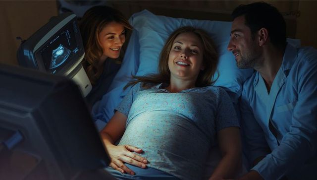 Pregnant woman receiving ultrasound with family support