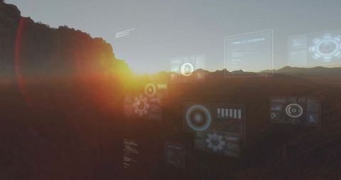 Sunrise canyon featuring futuristic hud overlays hovering over valley
