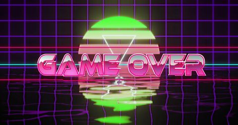 Retro game over neon sign with grid and triangle