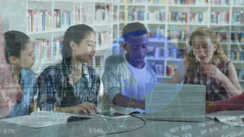 Diverse Students Collaborating with Futuristic Data Overlay