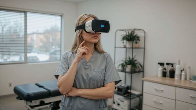 Clinician wearing vr headset for medical simulation in exam room