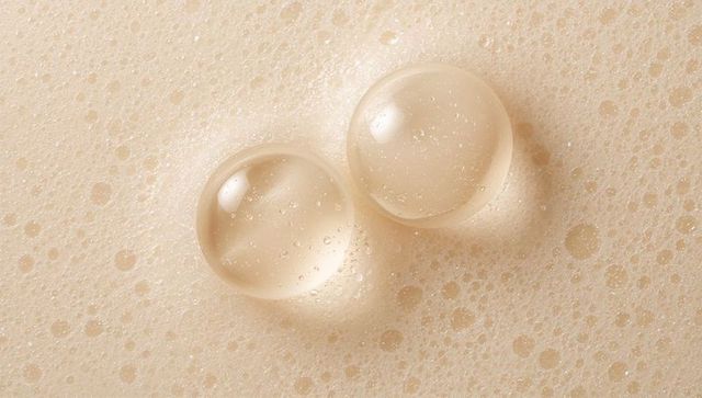 Glistening clear droplets on cream foam macro texture for cosmetic branding