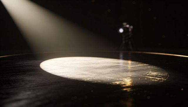 Empty Spotlight Circle on Dark Stage with Dust Reflection and Backlit Camera Silhouette