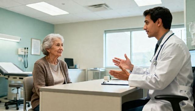 Doctor explaining treatment plan to senior woman during clinic consultation