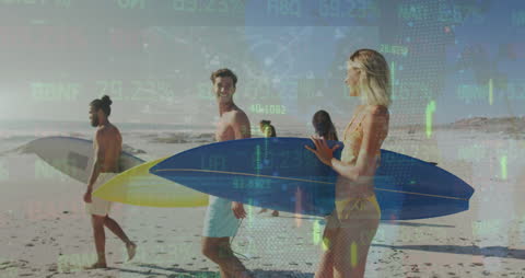 Beach Fun Digitally Overlaid With Financial Market Graphics