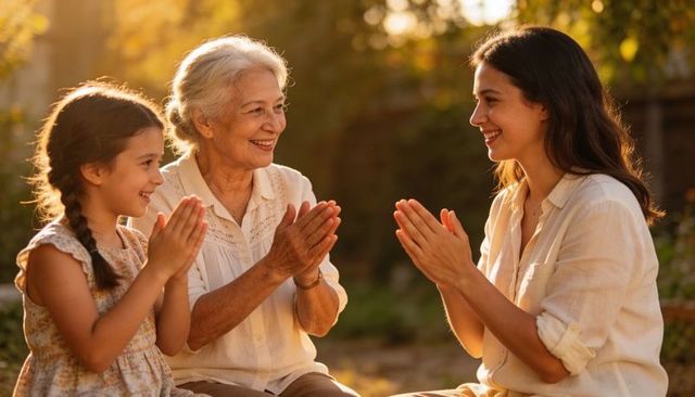 Three-generation family clapping and laughing in sunlit garden during golden hour
