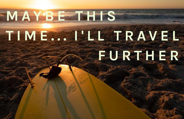 Surfboard at Sunset with Motivational Travel Quote - Download Free Stock Videos Pikwizard.com