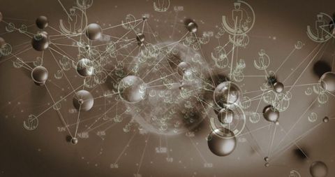 Futuristic Digital Network with Metallic Spheres and Human Icons