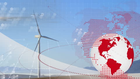 Global Renewable Energy Concept with Wind Turbine and Data Visualizations