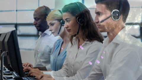 Diverse Call Center Team with Futuristic Digital Overlay