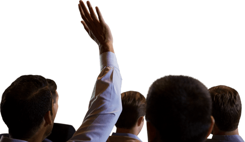 Business Professional Raising Hand in Transparent Conference Scene