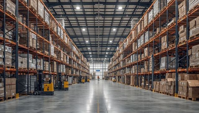 Warehouse worker walking down aisle between pallet racks in large distribution center