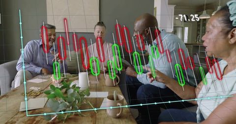 Diverse team analyzing candlestick stock chart during casual living room finance meeting