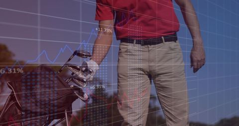 Golf enthusiast analyzing market trends overlaid on sports scene