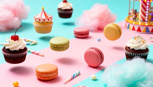 Floating pastel macarons and frosted cupcakes hovering above cyan pink carnival scene