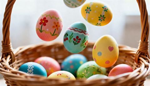 Floating hand-painted pastel easter eggs hovering above wicker basket with floral motifs
