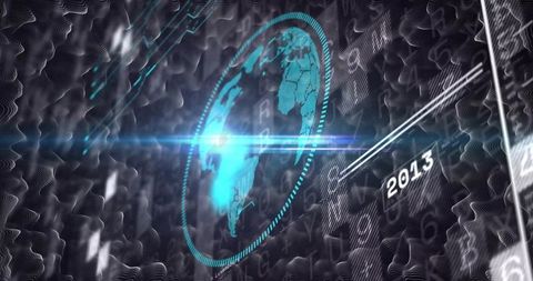 Glowing cyan-teal digital earth emitting lens flare within futuristic ui data timeline