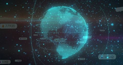 Rotating hologram globe with teal dot-wireframe, orbital rings and hud data badges