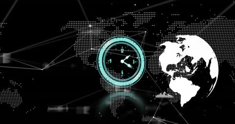 Neon Clock over World Map Illustrating Global Connectivity