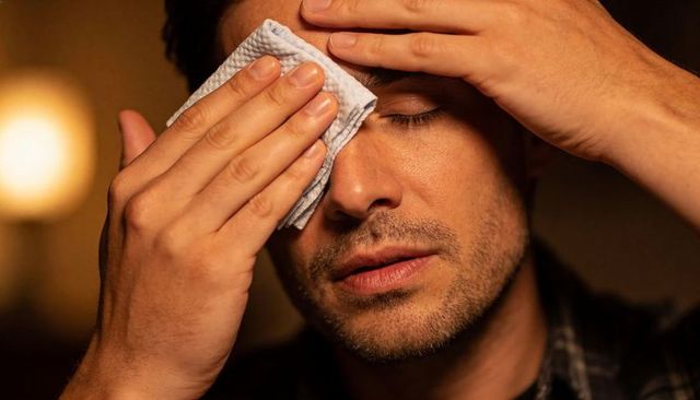 Tired man pressing cool cloth to eye relieving headache and eye strain in warm lamp light