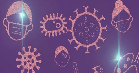 Virus Illustrations with Medical Symbols on Purple Background
