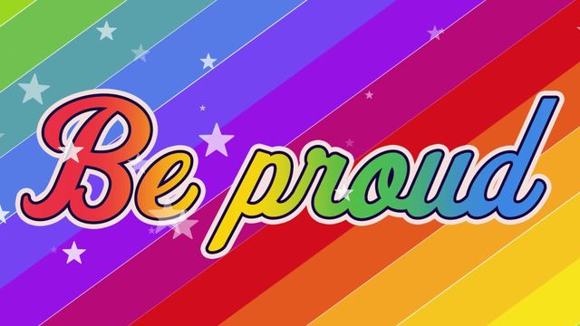 Colorful lettering with 'Be Proud' text on a rainbow striped background. White stars are scattered across the video, enhancing the festive and uplifting atmosphere. This vibrant video is perfect for promoting messages of LGBTQ pride and inclusion in online posts, event flyers, banners, or as a reactive logo for relevant campaigns.