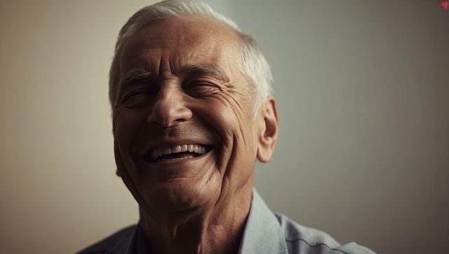Joyful senior man laughing close-up portrait showing genuine smile and warm expression
